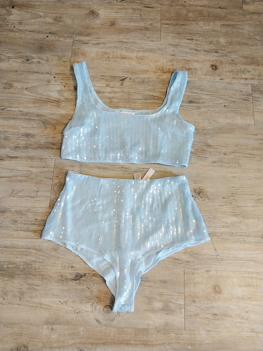 Victoria's Secret Light Blue Sequin Ribbed Bralette & High-Waist Brief Set